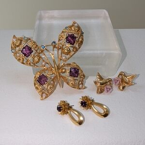 Vintage Avon Jewelry: Butterfly Brooch And Two Pairs Earrings